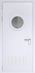 Однопольная дверь ДМП-1(О) с вентиляционной решеткой и круглым стеклопакетом (ручки «хром»)