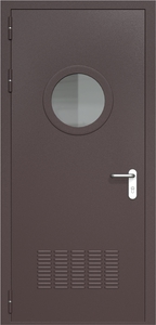 Однопольная дверь ДМП-1(О) с вентиляционной решеткой и круглым стеклопакетом (ручки «хром»)