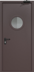 Однопольная дверь ДМП-1(О) с круглым стеклопакетом, отбойником и доводчиком